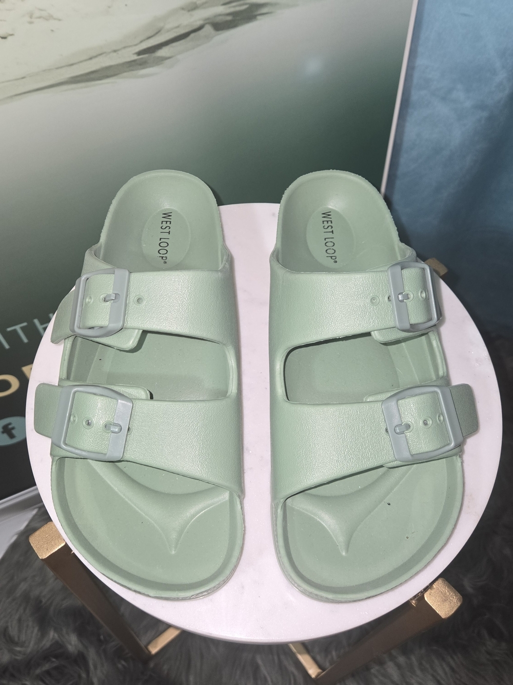 west loop Mint Green Double Buckle Slide Sandals